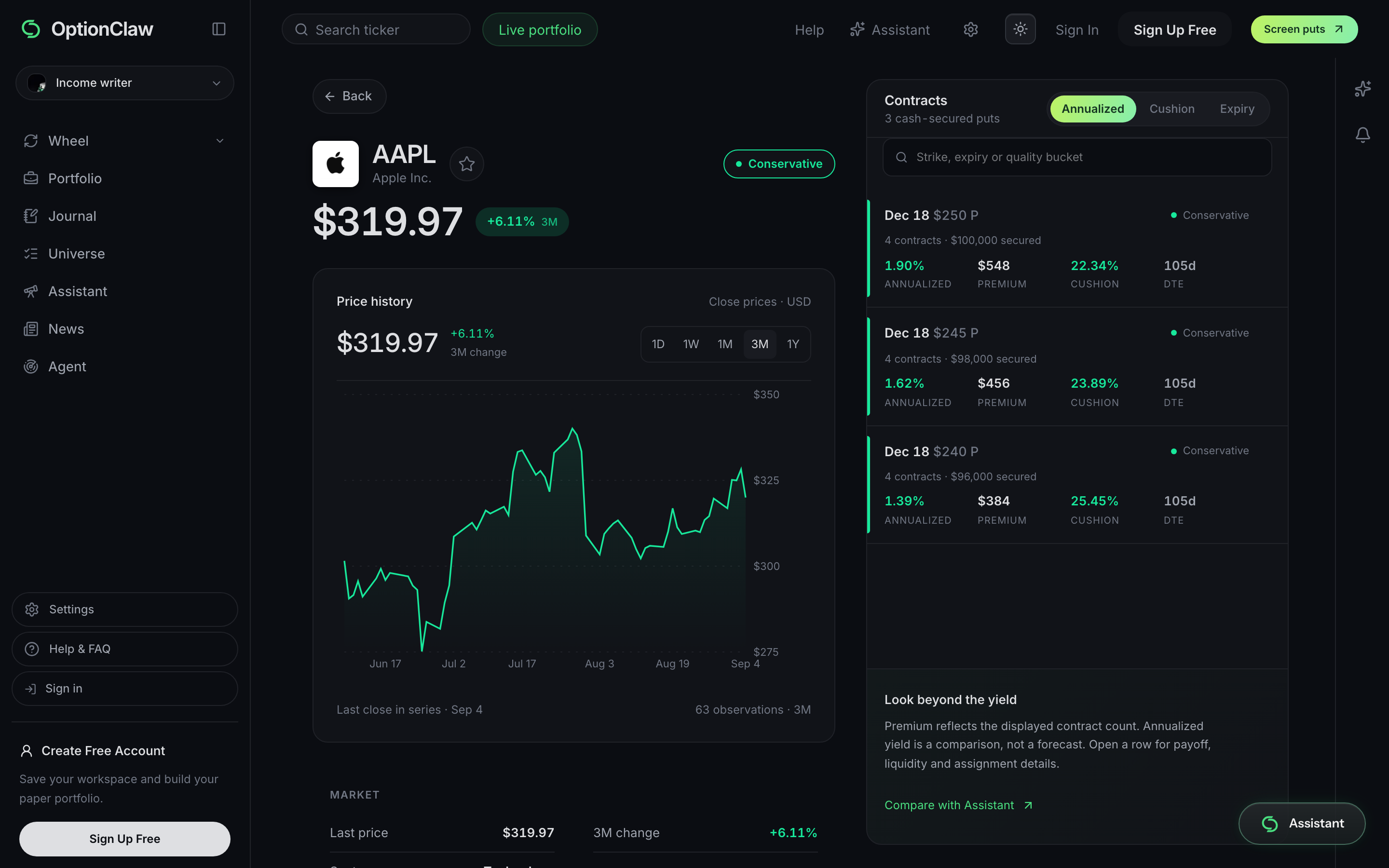 OptionClaw Apple company terminal with price chart and options research