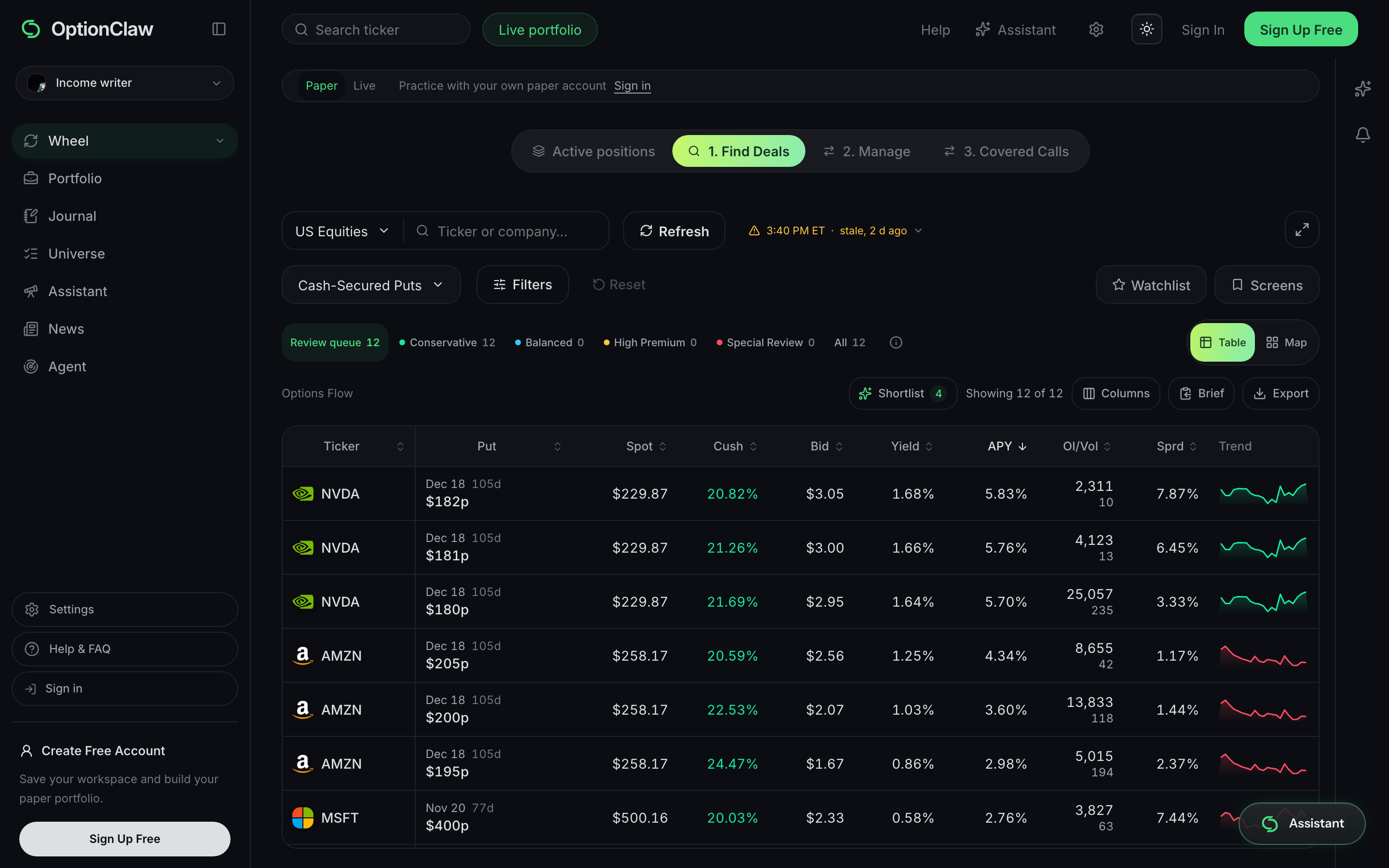 OptionClaw options screener with income workflow navigation and contract comparison table